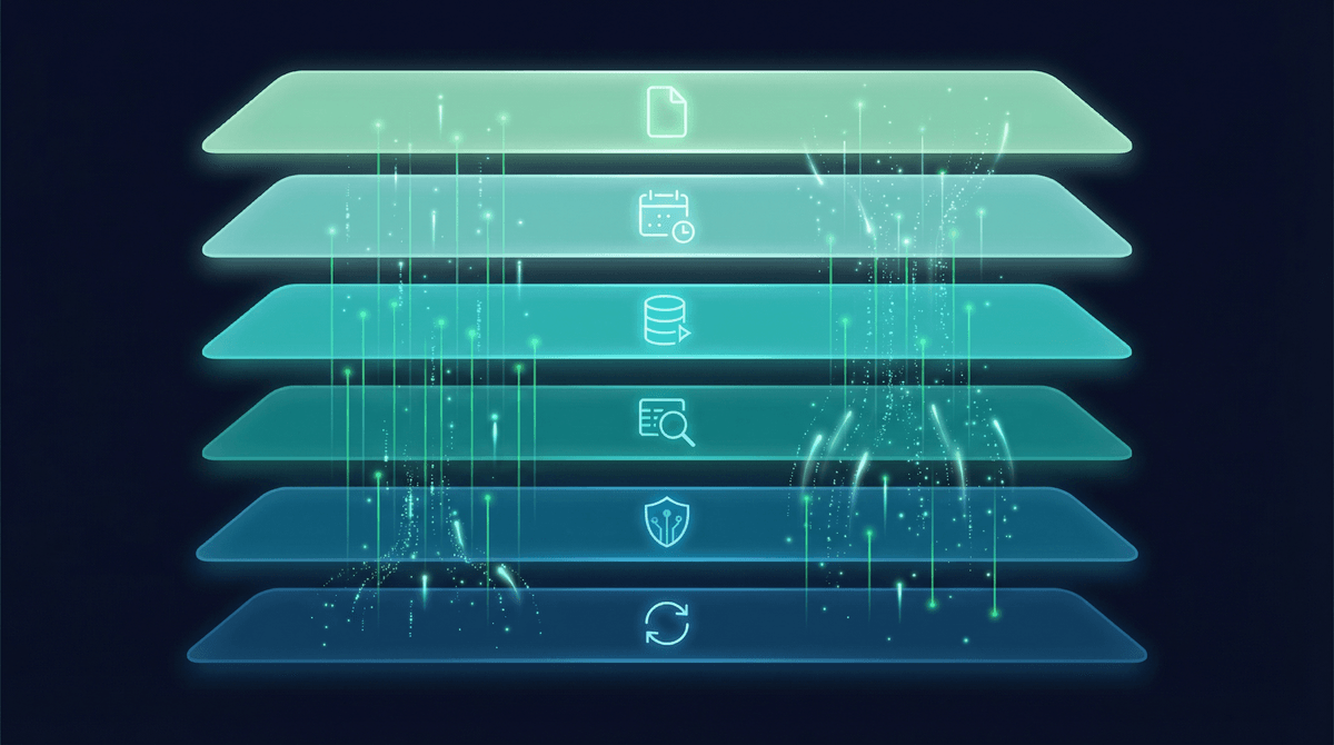 6-layer persistent memory architecture diagram showing Workspace Context, Daily Notes, Supermemory Cloud Memory, Hooks-Based Auto-Capture, Smart Auto-Forgetting, and File Sync Pipeline